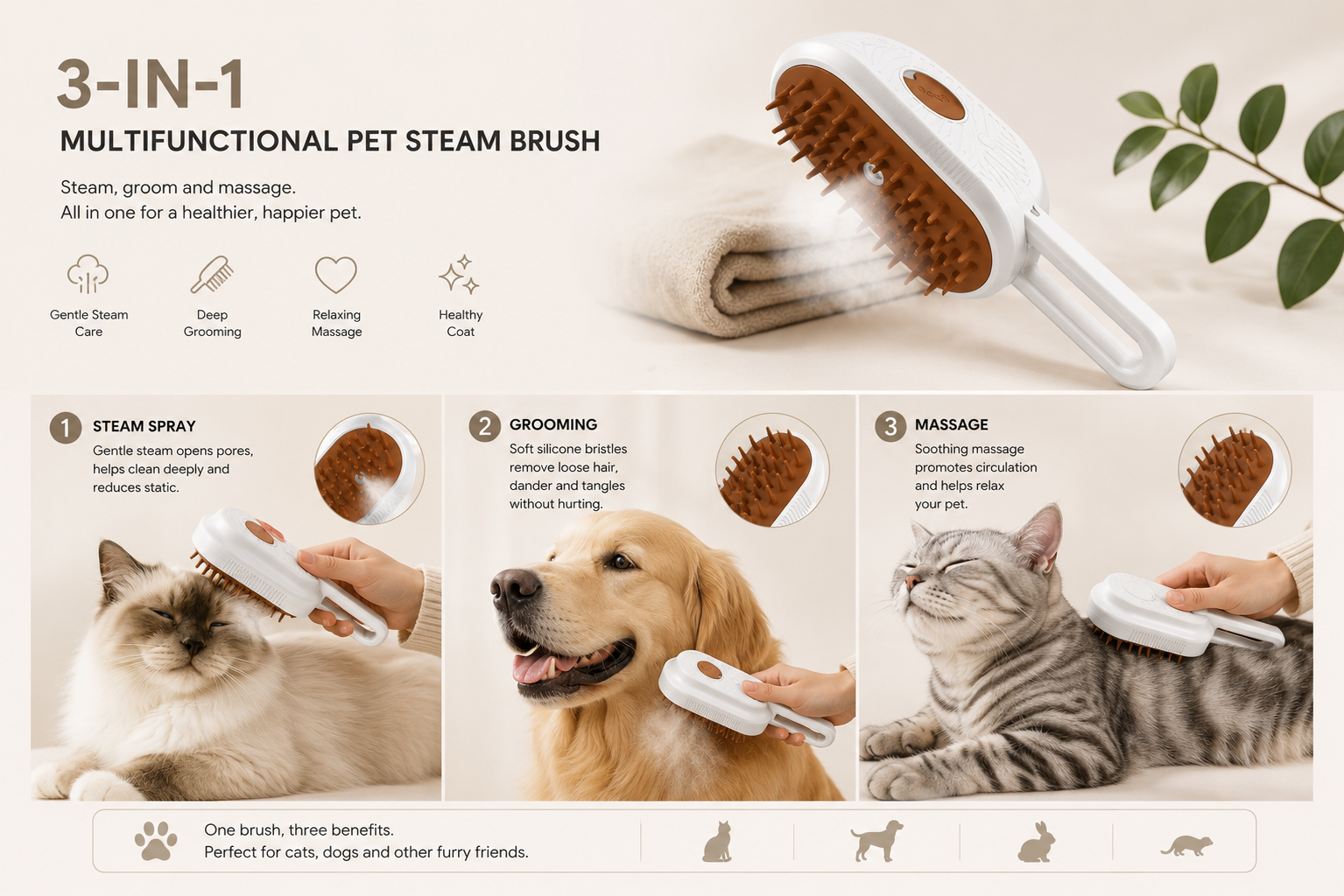 3-in-1 Steam Grooming Brush for Pets