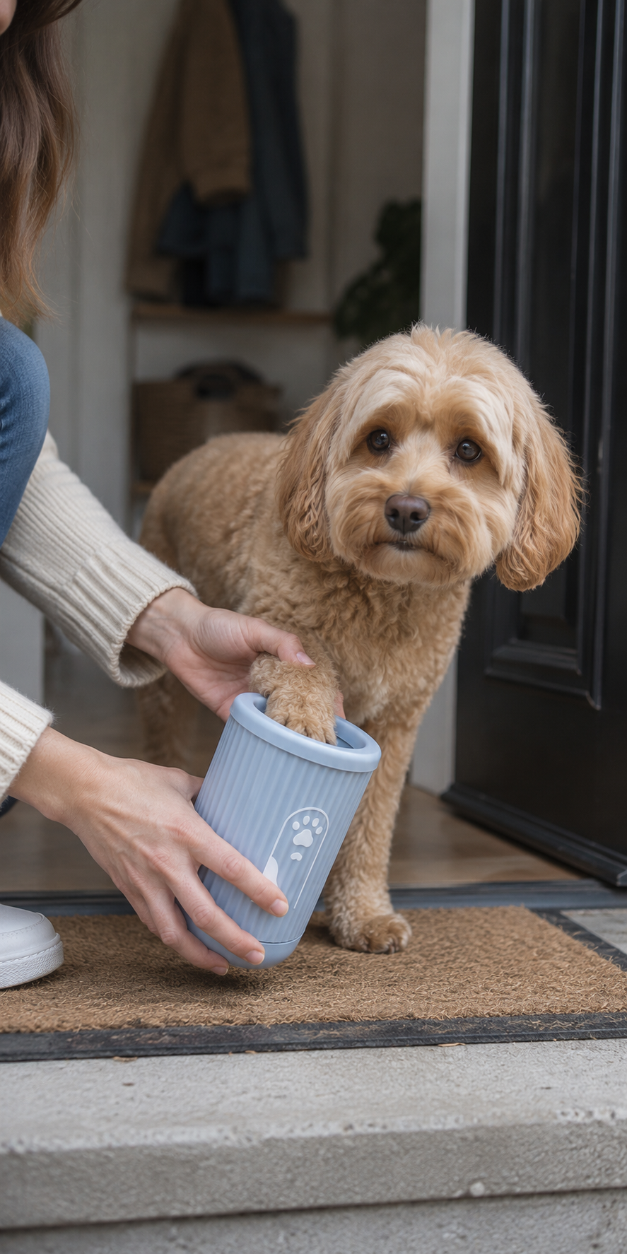 Small dog getting its paws cleaned with a portable paw cleaner before entering the house.