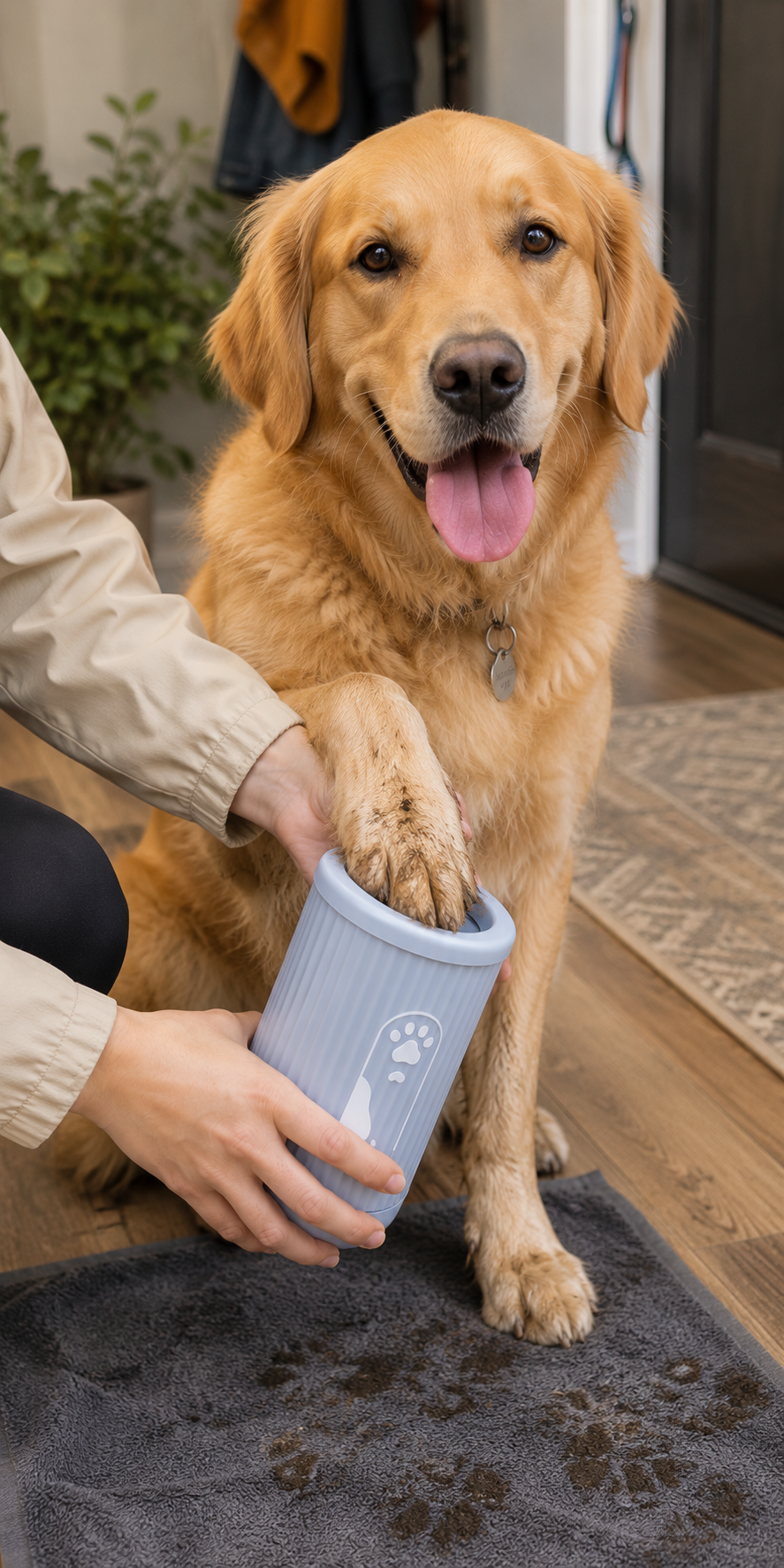 Golden Retriever having its muddy paw cleaned with a portable paw cleaner after a park walk.