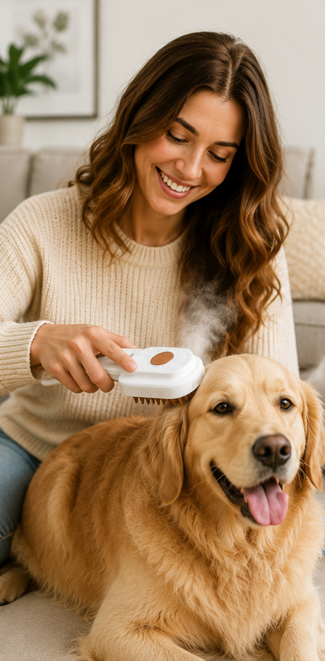 Pet owner using the 3-in-1 Steam Grooming Brush on a Golden Retriever at home.