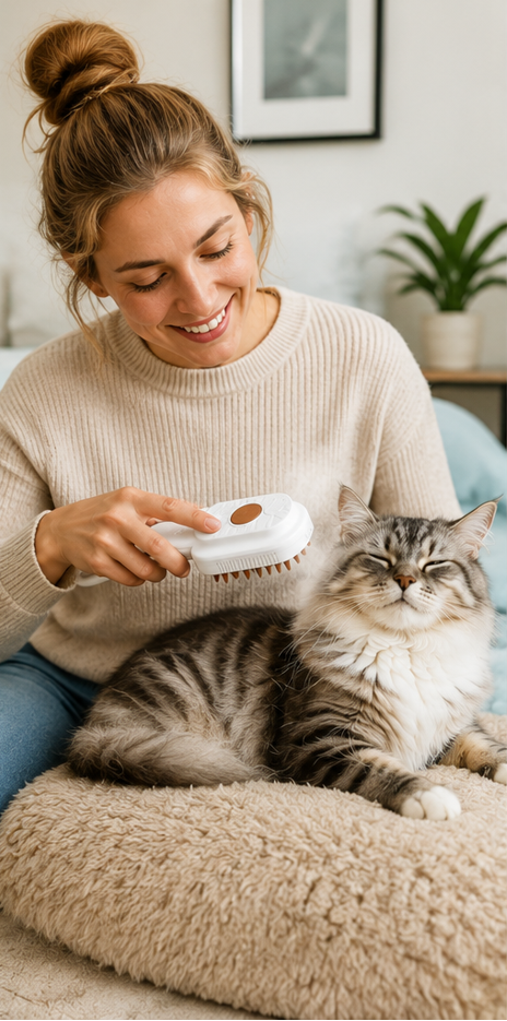 Pet owner grooming a relaxed long-haired cat with the Steam Grooming Brush.