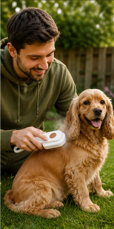 Pet owner brushing a happy dog outdoors with the Steam Grooming Brush.