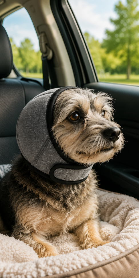 Dog wearing a grey calming ear wrap inside a car