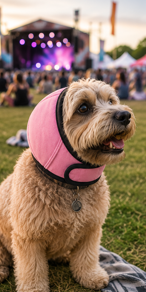 Dog wearing a pink calming ear wrap at an outdoor festival