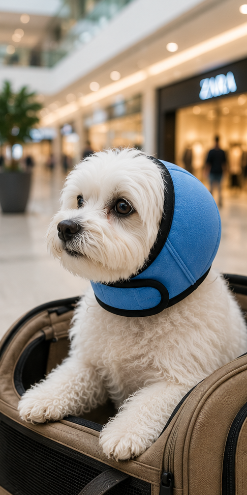 Dog wearing a blue calming ear wrap inside a shopping centre