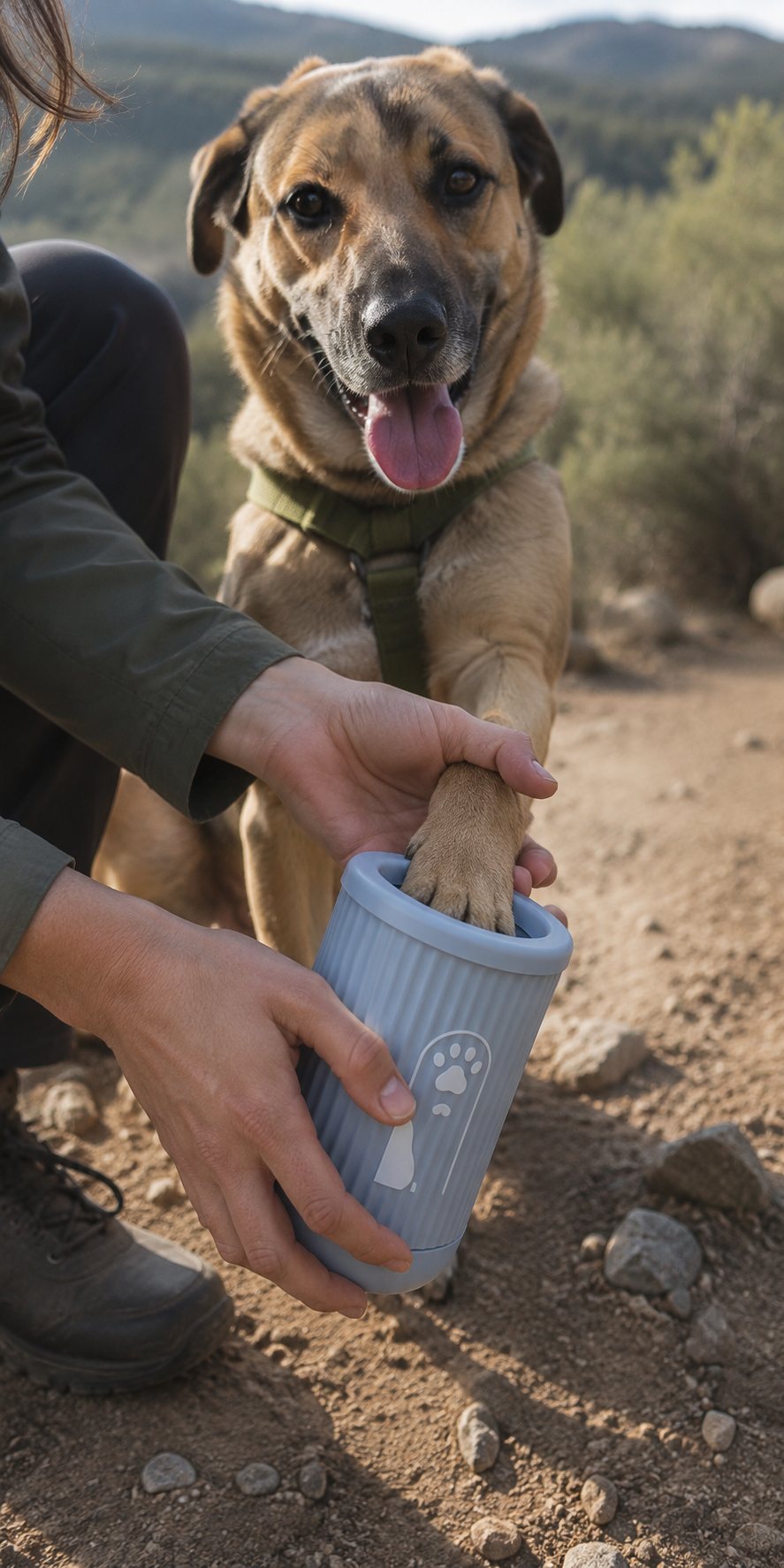 Mixed-breed dog having its paws cleaned with a portable paw cleaner beside a hiking trail.